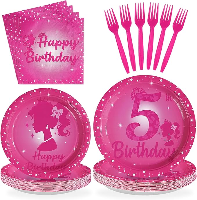 96Pcs Pink 5th Birthday Party Decorations 5 Years Old Hot Pink Plates and Napkins Princess Doll Girl Tableware Sets for Kids Girls Baby Shower Happy 5th Birthday Party Supplies Serves 24