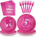 96Pcs Pink 5th Birthday Party Decorations 5 Years Old Hot Pink Plates and Napkins Princess Doll Girl Tableware Sets for Kids Girls Baby Shower Happy 5th Birthday Party Supplies Serves 24