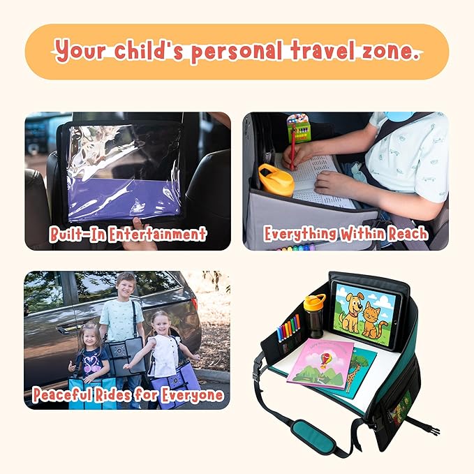 Kids Travel Tray for Car Seat – Teal – The Essential Travel Lap Desk with Removable Tablet Holder, Built-In Storage, and Stabilized Panels, Must Have Car Tray for Kids on Road Trips