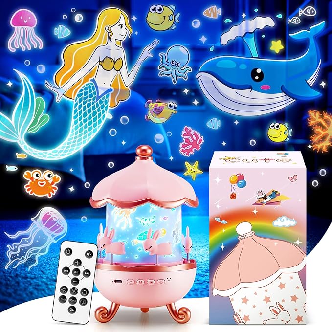 One Fire Princess Gifts for Girls Toys, 15 Music+15 Films+315 Colors Night Light Projector, 360°+Remote+Cordless Star Projector for Kids, Mermaid Gifts for Girls Room Decor, Pink Baby Toddler Toys