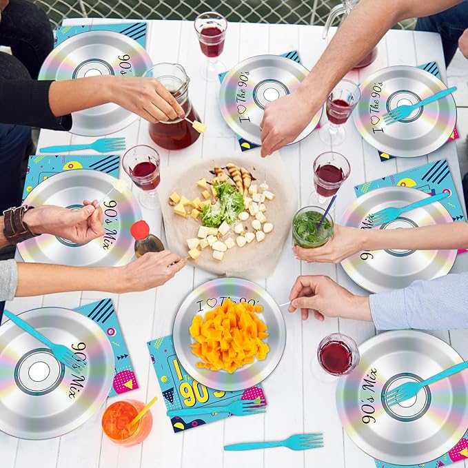 96Pcs 90's Party Paper Plates and Napkins for Retro 90s Theme Birthday Party Supplies 90's Mix CD Themed Paper Dessert Plates I Love The 90s Tableware Set for Men Women 24 Guests Party Decorations