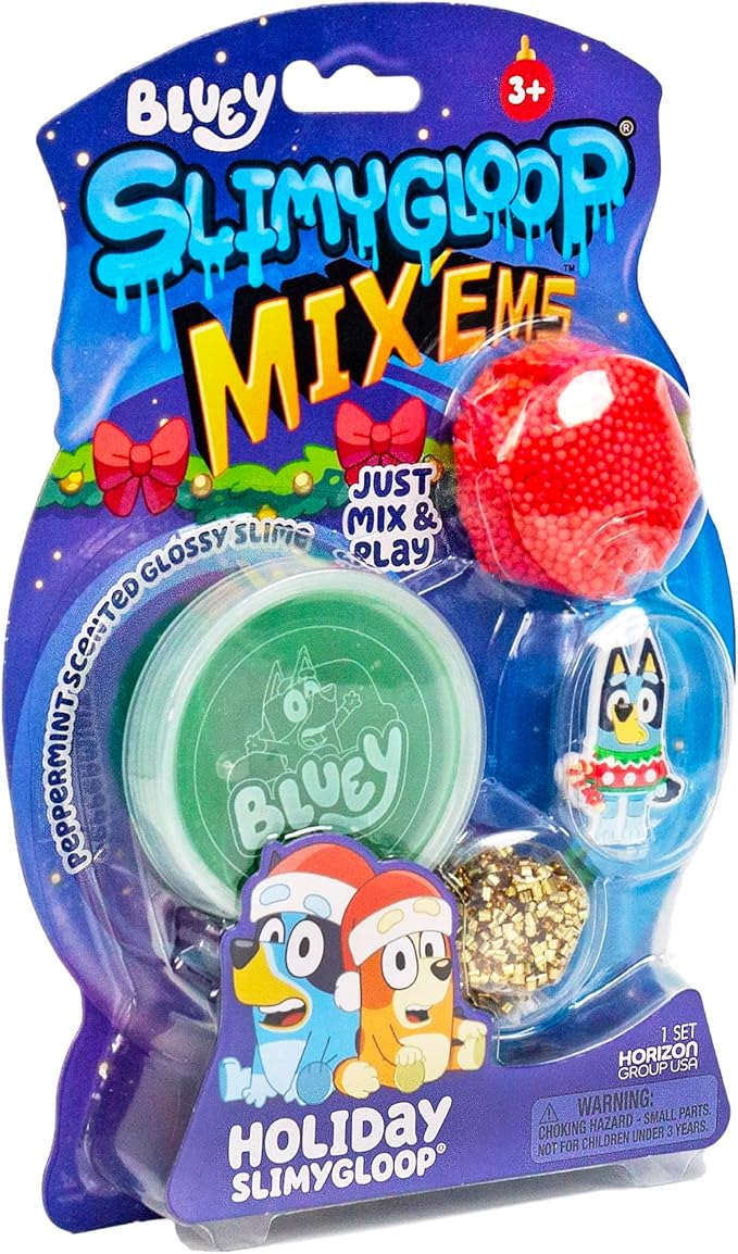 Bluey Holiday SLIMYGLOOP Mix’EMS, Peppermint-Scented Glossy Slime, 3 Fun Slime Add Ins, Bingsu Beads, Mini Foam Balls, Collectible Rubber Charm, Fun Stocking Stuffers, Gifts for Kids, Sensory Toys