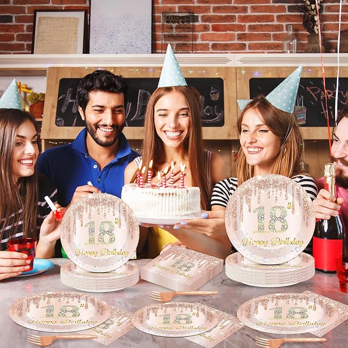 96 Pcs 18th Birthday Decoration for Girls Rose Gold 18th Birthday Plates and Napkins Party Supplies Time to Adult Rose Gold Pink Happy 18 Years Disposable Tableware for 24 Guests Party Decoration