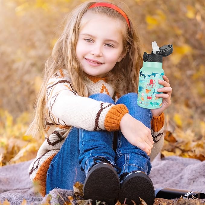 Han's Bottle Kids Water Bottle with Straw Lid - Insulated Stainless Steel Reusable Tumbler for Girls,Boys,Thermo Mug,12oz,Ocean Fish