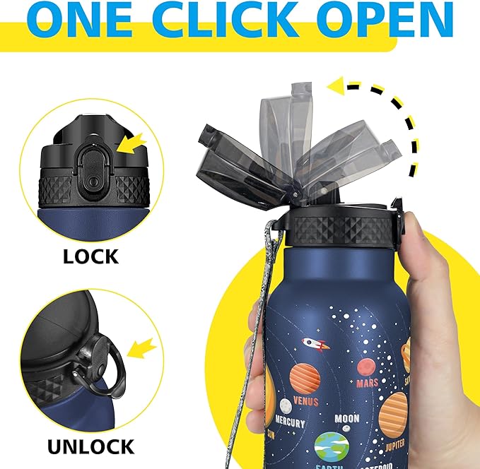 Han's Bottle Kids Water Bottle with Straw Lid - Insulated Stainless Steel Reusable Tumbler for Girls,Boys,Thermo Mug,17oz,Space Planet