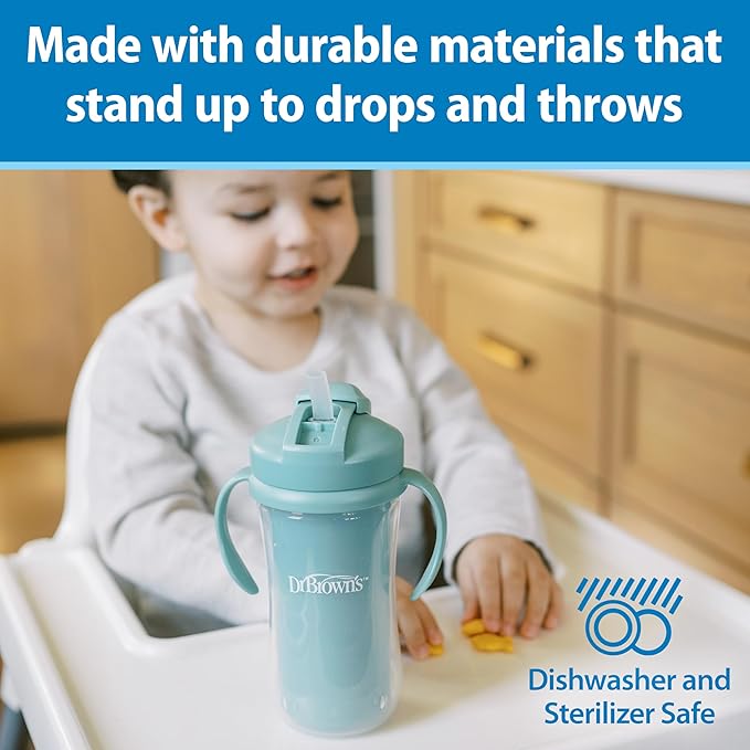 Dr. Brown's Milestones Insulated Sippy Cup with Straw and Handles, Spill-Proof Tumbler with Lid, 2-Pack, Green, 10 oz/300 mL, BPA Free, 12m+