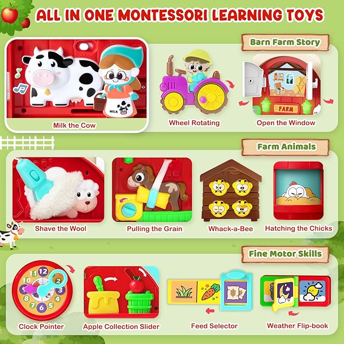 Montessori Farm Busy Board, Motor Skills Developmental Toys for 1 2 Year Old Boy Girl Gifts, Early Educational Toy for Toddlers 1-3, Christmas Birthday Gift for 12-18 Months, Sensory Board Toy for 1+