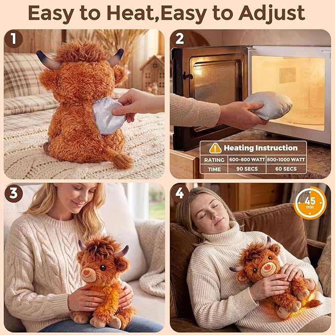Mewaii Highland Cow Stuffed Animal, Weighted Highland Cow Plush with Washable Cover 1.1 lbs, Heatable & Coolable Microwavable Stuffed Animal Fluffy Cute Cozy Gift for Kids Women 10 Inch