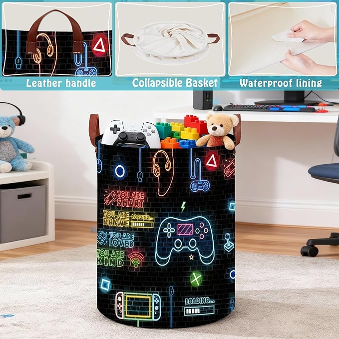 Gaming Laundry Basket ,Large Neon Color Nursery Hamper,Gamer Room Decor for Boys,Collapsible Clothes Towel Toy Book Storage Bin for Dorm Nursery Bedroom(Round)