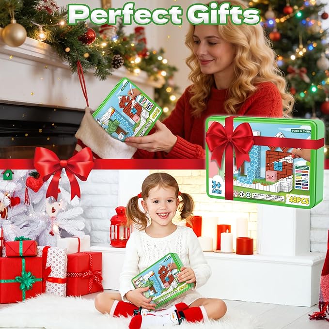 Intoypad Magnetic Blocks Painting Travel Toys for Kids, 48PCS Magnetic Building Blocks with 12 Paint Pens & Iron Box Art Craft Kits Magnet Blocks Cube Birthday Gifts for Boys Girls Road Trip Car Games