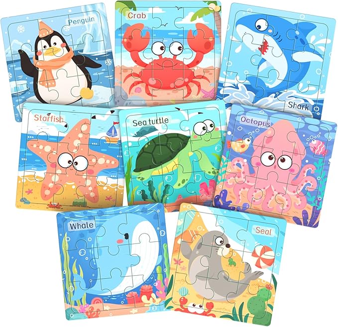 Zeoddler Wooden Puzzles for Toddlers, 8 Pack Sea Animal Jigsaw Puzzles for Kids3-5, 9 Pieces Preschool Learning Activities, Learning & Educational Toys, Gift for Boys, Girls