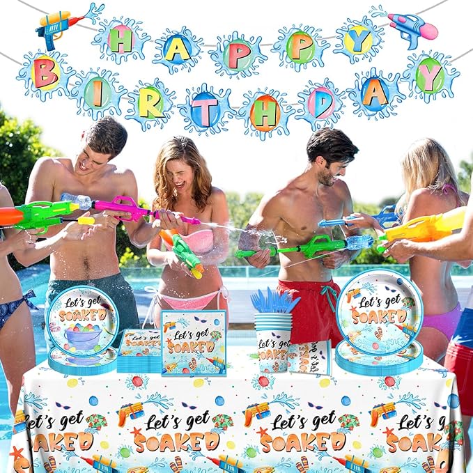 Summer Party Decorations, 142Pcs Water Gun Party Decorations Tableware Set,Include Plates and Napkins,Tablecloth,Banner for Let's Get Soaked Pool Beach Party Birthday Supplies, Serves 20