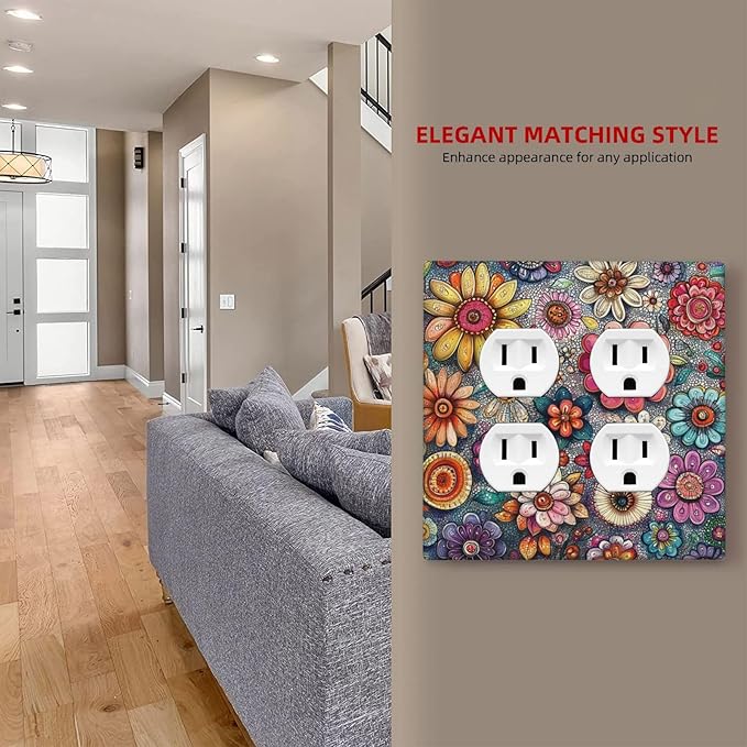 Outlet Covers Colorful Rainbow Pointillisme Flower 2 Gang Double Duplex Decorative Light Switch Covers Electrical Wallplates Socket Faceplate For Bed Room Home Decor
