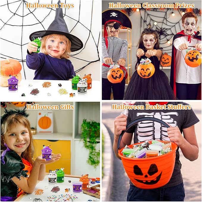 Halloween Goodie Bag Stuffers Fillers for Kids 4 PCS,Halloween Slime Kit Non Candy Treats for Toddlers,Mini Birthday Carnival Party Favors Supplies,Classroom Toys Gifts Prizes Trinkets for Boys Girls