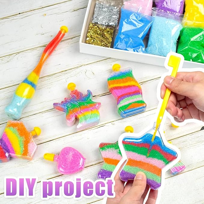 Shindel Sand Art Kits for Kids, 36 PCS Sand Painting for Crafts 8 Shapes of Bottles 10 Assorted Colored and 2 Glitter Sand Bags for Kids DIY Project