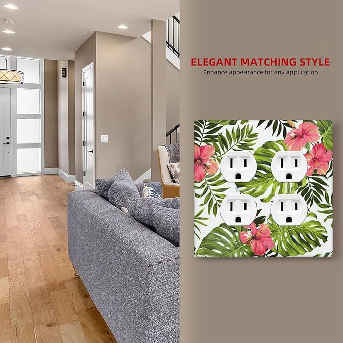 Tropical Plant Green Palm Outlet Covers 2-Gang Duplex Light Switch Cover Decorative Gfci Wall Plate Covers Electrical Receptacle Switch Plate Cover Plug Faceplate for Bathroom Decor