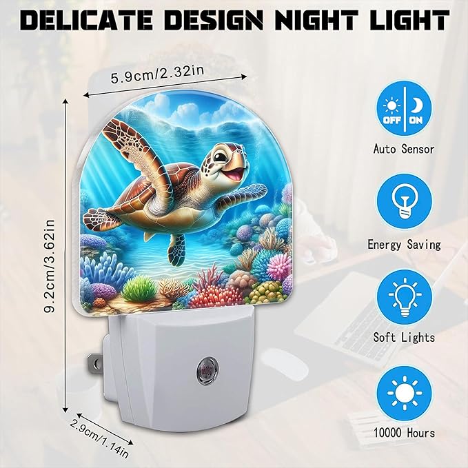 Cute Sea Turtle Night Light for Kids,Smile Turtle and Colorful Corals Plug in Night Light with Dusk to Dawn Sensor, 0.5w Energy Saving Nightlight for Hallway Stairway Kitchen Bedroom