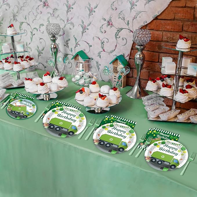 96 Pcs Garbage Truck Birthday Party Plates and Napkins Party Supplies Trash Trucks Party Tableware Set Waste Management Recycling Party Decorations Favors for Birthday Baby Shower for 24 Guests