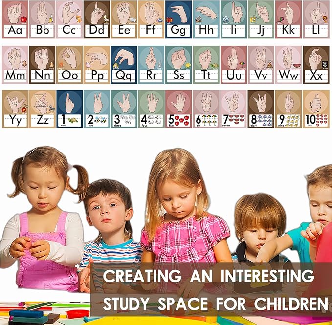 YIYDONG 36 Pieces ASL Alphabet Line Bulletin Board Set ABC Number Sign Language Flash Cards Wall Decorations for Pre-School Kindergarten Elementary Classroom Nursery Homeschool (Boho)