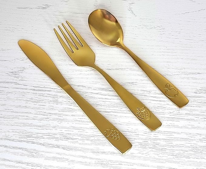 12 Piece Stainless Steel Kids Silverware Set - Child and Toddler Safe Flatware - Kids Utensil Set - Metal Kids Cutlery Set Includes 4 Small Kids Spoons, 4 Forks & 4 Knives - Gold