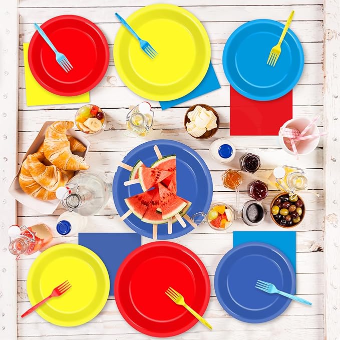96Pcs Dog Birthday Party Supplies Red Yellow Blue Paper Plates and Napkins Birthday Decorations Puppy Paw Disposable Tableware Set for Kids Colorful Puppy Dog Baby Shower Party Decorations Serves 24