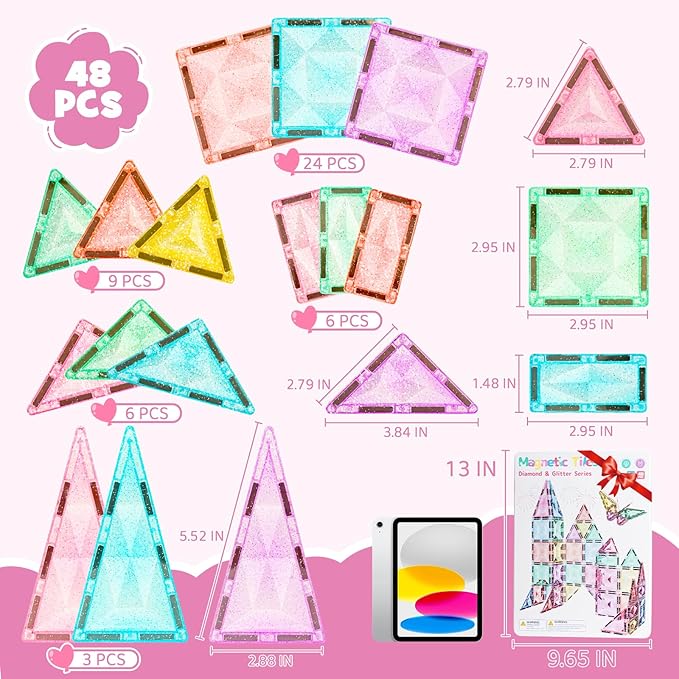 WMXDU Large Pastel Magnetic Tiles - 48 Pcs Macaron-Colored Glitter Magnetic Blocks with Travel Metal Storage Box - Diamond STEM Toys for Girls Ages 3-8 - Portable Sensory Building Set for Kids
