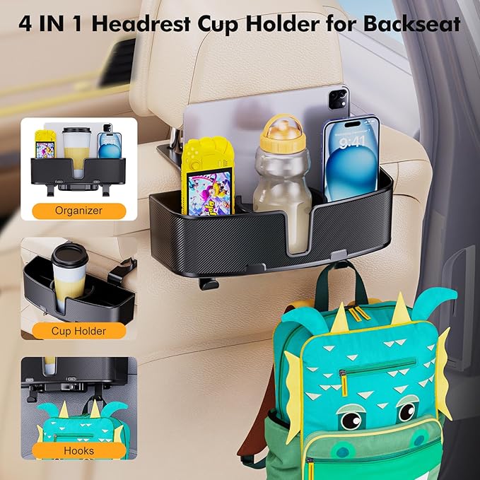 MAGJIEYX Car Headrest Cup Holder for Back Seat Organizer for Multi-Hanging Snack Storage Box with Strong Hooks for Kids and Uber Backseat Passengers Share Rid for Travel Accessories