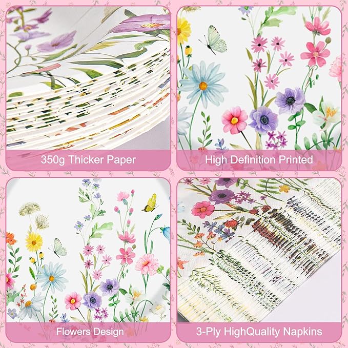 40 Pcs Spring Wildflower Plates and Napkins Sets - Disposable Floral Paper Plates Napkins Dinnerware, Flowers Dessert Dinner Plate for Spring Summer Wedding Birthday Party Supplies Table Decorations