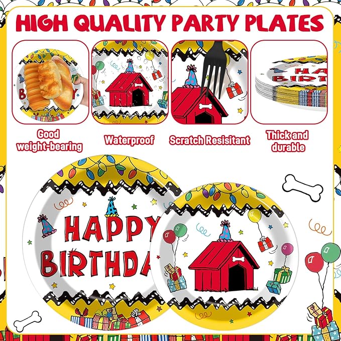 96 Pcs Red House Birthday Party Plates and Napkins Cartoon Dog Red House Decor Puppy Dog Theme Dessert Cake Plates Tableware Set for Kids Cartoon Birthday Baby Shower Party Favors Serve 24 Guests