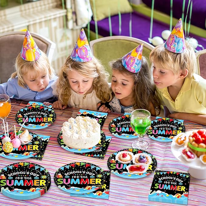 CHUNNIN 50Pcs End of School Year Paper Plates and Napkins School's Out for Summer Dessert Plates Summer Theme Party Decorations Tropical Pool Tableware Set Serves 25 Guest Beach Party Supplies