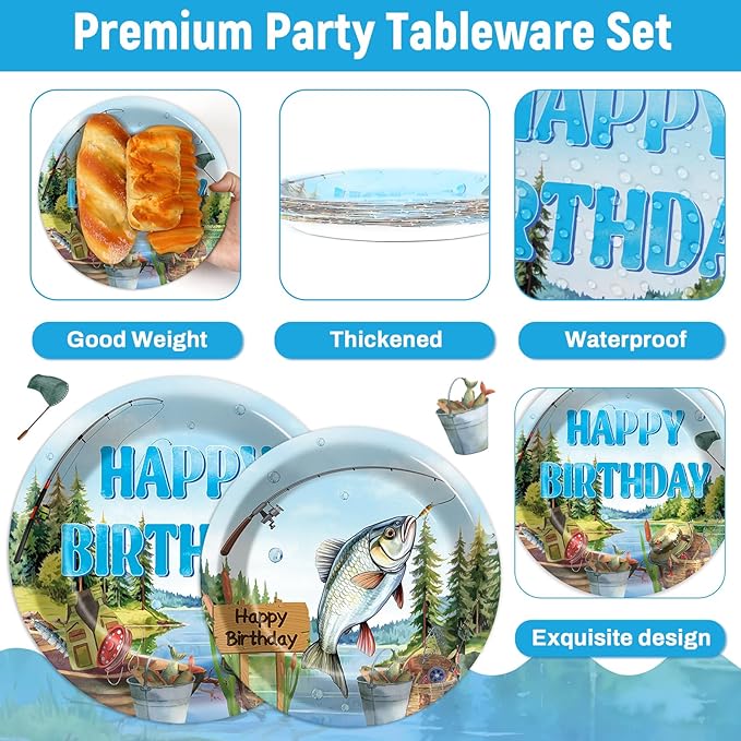96Pcs Gone Fishing Party Plates Napkins Ofishally Birthday Supplies Fishing Birthday Paper Dessert Cake Plates Tropical Fish Tableware Sets for Kids Boys 24 Guests Birthday Party Decorations