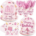 168Pcs Sleepover Party Supplies for Girls Pajama Birthday Plates Napkins Cups Forks Knives Spoons Hot Pink Slumber Spa Paper decor Tableware for Girls Birthday Night Slumber Party Supplies Serves 24