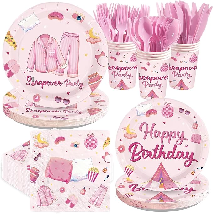168Pcs Sleepover Party Supplies for Girls Pajama Birthday Plates Napkins Cups Forks Knives Spoons Hot Pink Slumber Spa Paper decor Tableware for Girls Birthday Night Slumber Party Supplies Serves 24