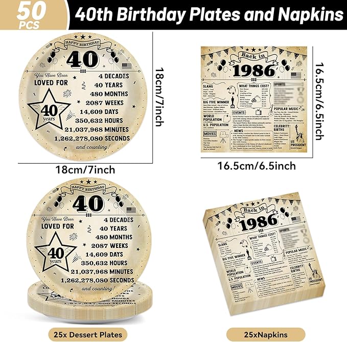 CHUNNIN 50pcs 40th Birthday Plates and Napkins 40 Year Old Birthday Party Decorations Vintage Back in 1986 Dessert Plates Vintage 1986 40th Theme Disposable Tableware Set for Men Women Party Supplies