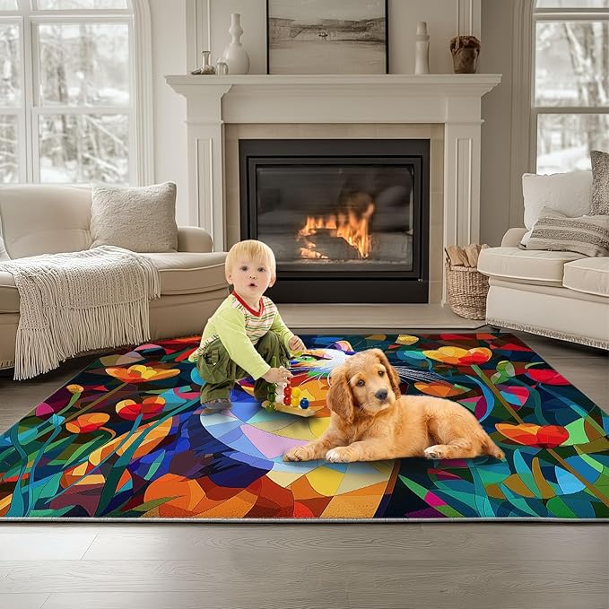 Geometric Cubism Calico Cats Washable Soft Living Room Area Rug 3 x 5 ft, Color Non-Slip Low-Pile Carpet for Bedroom Dining Room Entryway Office Dorm Kitchen Rug