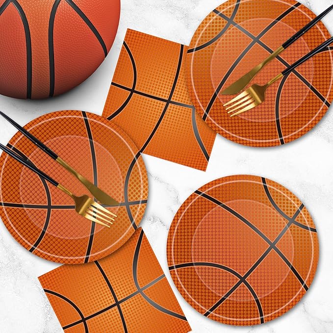 40 Pcs Basketball Plates and Napkins Sets - Sports Birthday Party Supplies Tableware, Brown Disposable Paper Plates Napkins Kit for Basketball Birthday Party Decorations Table Decor, Serves 20