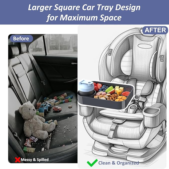 Car Seat Snack Tray for Kids, Mess-Free Square Travel Tray Cup Holder Snack Tray, Durable Car Food Tray for Toddlers, Universal Fit Kids Travel Road Trip Essentials (Dark Gray)