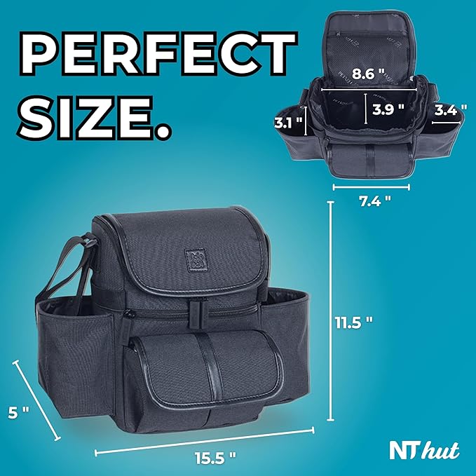 NT·hut Baby Stroller Organizer, Stroller Caddy Bag with 2 Wide Cup Holders & Bottle Straps, Universal Strap Fit, Fits 11" Tablet, Magnetic Pocket, Zipper & Mesh Pockets, Water Resistant 600D (Black)