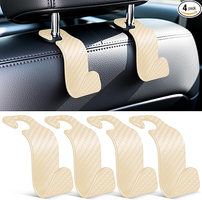 SINGARO Universal 4 Pack Car Seat Headrest Purse Hook, Carbon Fiber Back Seat Hook Storage Organizer Hanger for Purse Handbag Coat, Car Interior Accessories(Beige)