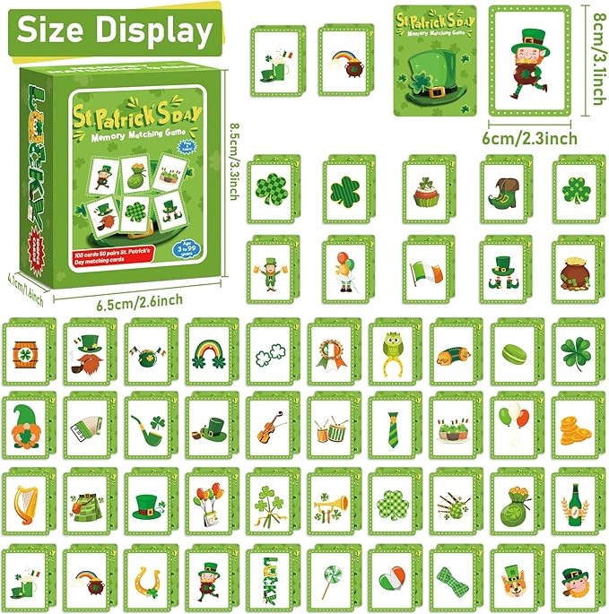 gisgfim 100 PCS Memory Matching Game St. Patrick's Day Concentration Memory Games Card for Kids Educational Ages 3-8 A Fun & Fast Shamrock Theme Matching Games