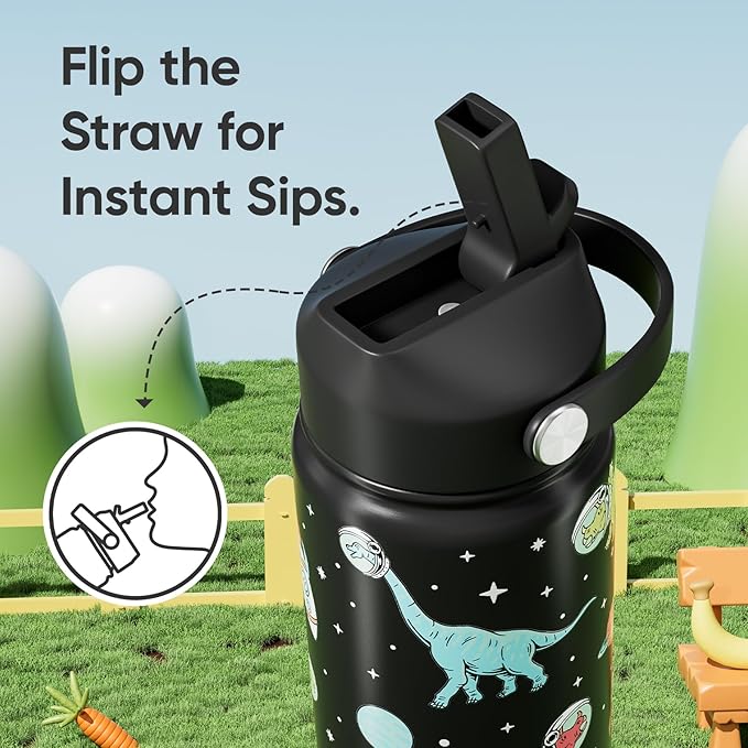 KEWIXY 18 oz Kids Dinosaur Water Bottle for School with Straw, Leak Proof, Stainless Steel with Easy Flip&Handle, Reusable, Metal, Insulated, Backpack-side Fit, for Boys Little Dino Fans (Dinosaur)