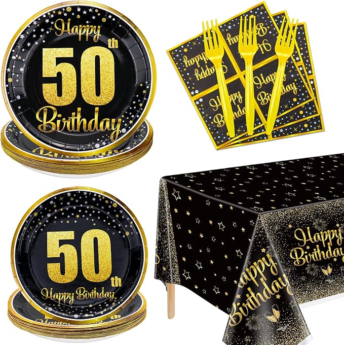 50th Birthday Decorations for Women and Men - 81 Pcs Plates Napkins 50th Tablecloth Forks Set Black and Gold Party Decorations Serve 20