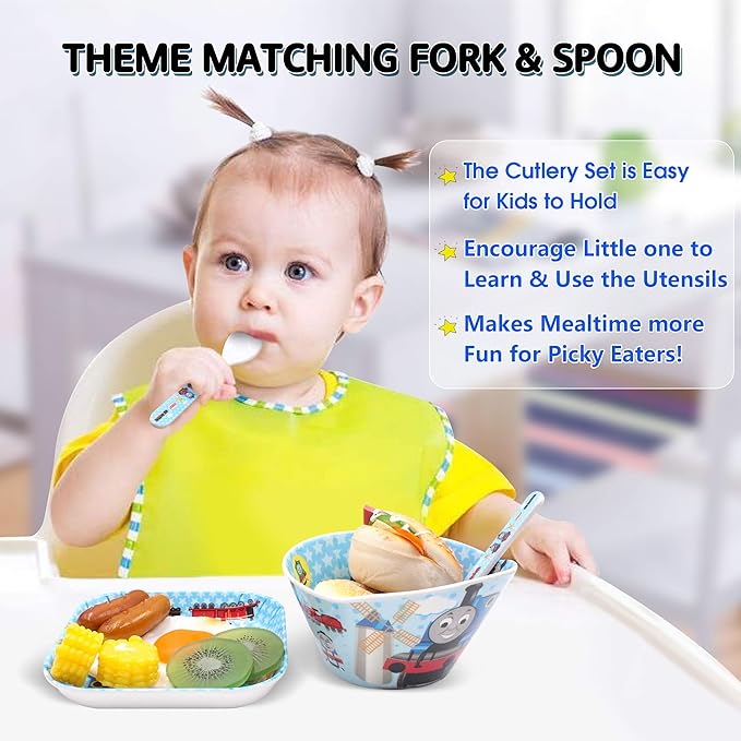 Thomas Transport Fans 5 Pcs Set Cartoon Durable Tableware Meal Dishes Mealtime Food Feeding Eating Set includes Dinner Serving Bowl Plate Cup with a Matching Spoon and Fork