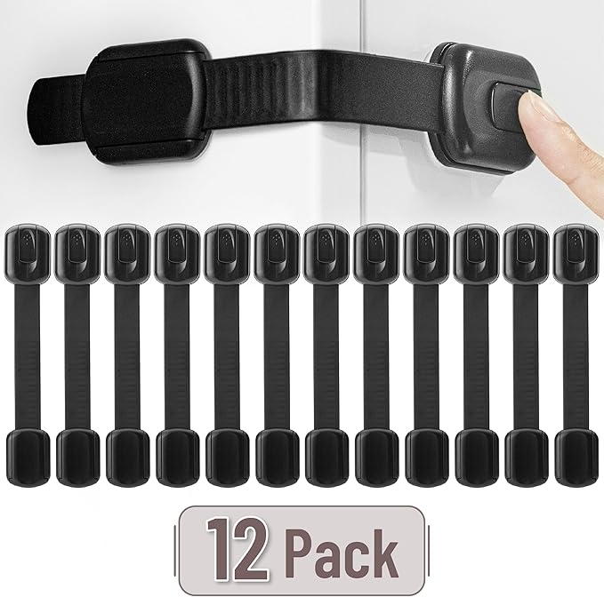 Bates- Child Safety Strap Locks, 12 Pack, Black, Baby Cabinet Locks with Adjustable Strap Length