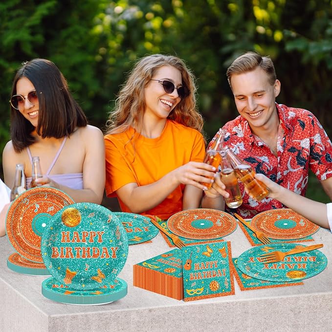 96PCS Popular Singer Birthday Party Paper Plates and Napkins Music Lover Party Decoration Pop Singer Theme Party Supplies Orange Green Glitter Tableware Set Serves 24 Guests Girls Baby Shower Favor