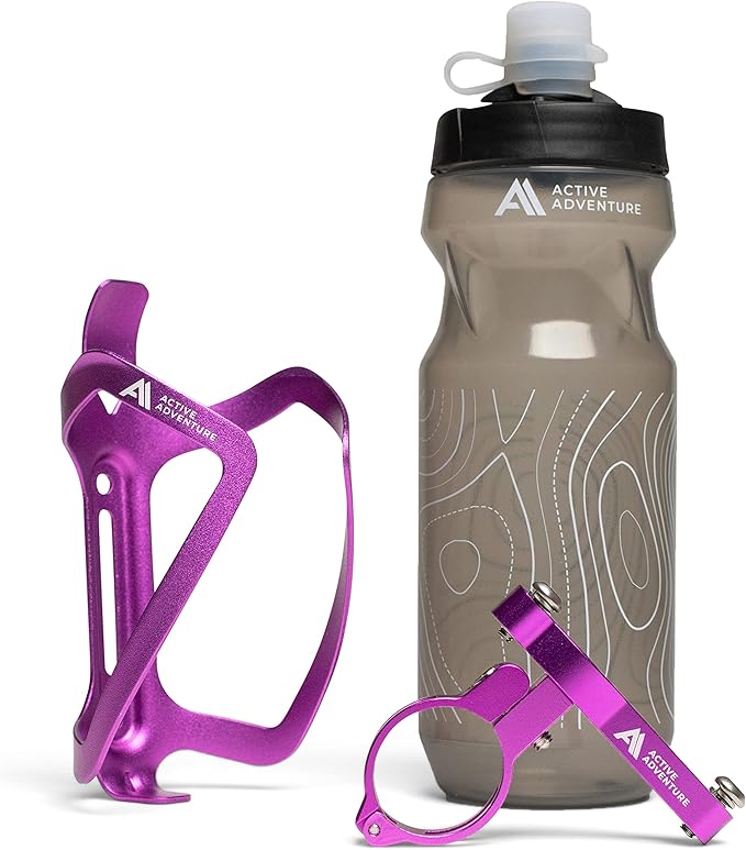 Bike Water Bottle Holder Combo - 20 Oz Squeeze Bottle & Bicycle Mount Cage Rack, No Screws Needed, Durable Alloy - Fits All Handlebar Bikes & MTB Mountain Road - for Adults, Kids (Purple)