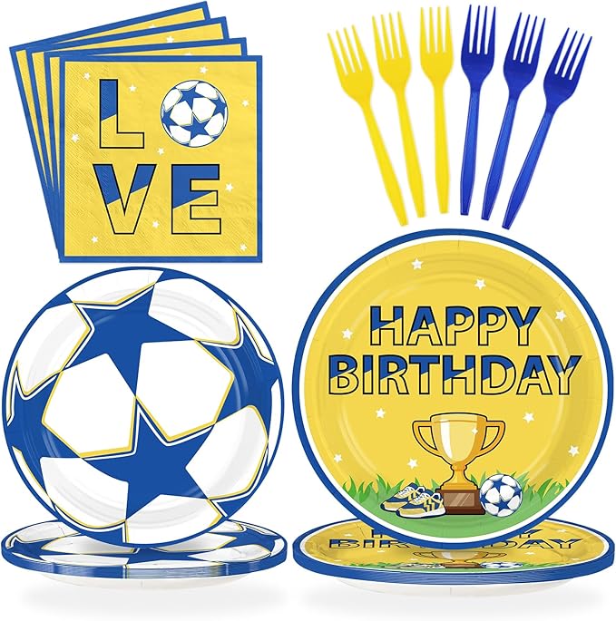 96Pcs Soccer Birthday Party Supplies Blue Yellow Football Plates and Napkins Blue Gold Soccer Star Champion Tableware Set for Football Fan Birthday Baby Shower Sport Party Supplies Serves 24