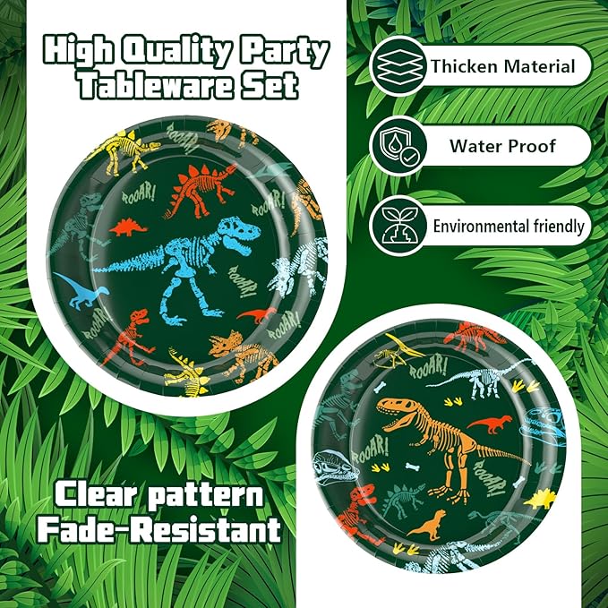 Dinosaur Birthday Party Supplies for Kids 96 Piece Dino Theme Tableware Set Includes Disposable Paper Plates, Napkins and Forks Dinosaur Decorations for Boys Birthday Party, Serves 24 Guests