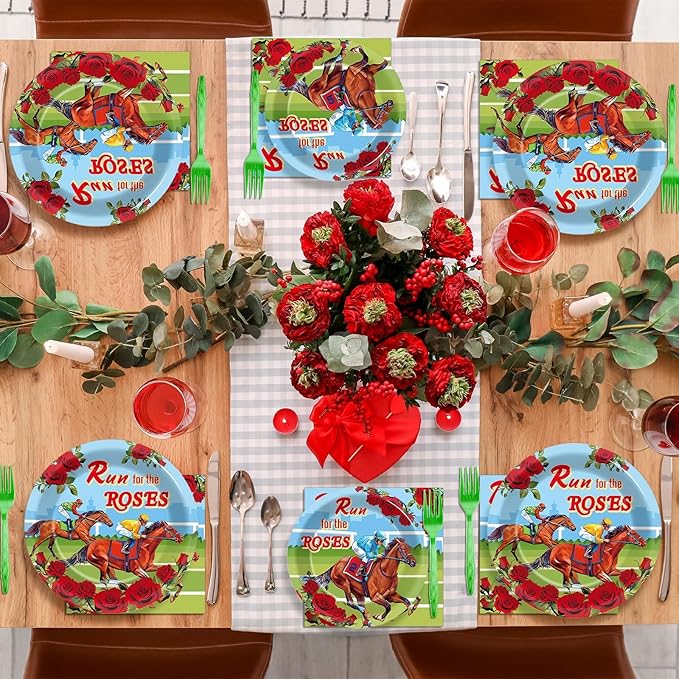 Qyeahkj 100 Pcs Kentucky Party Supplies Derby Day Tableware Set Run for The Roses Party Plates Napkins Forks Disposable Horse Racing Decorations for Equestrian Enthusiasts Race Day Serves 25