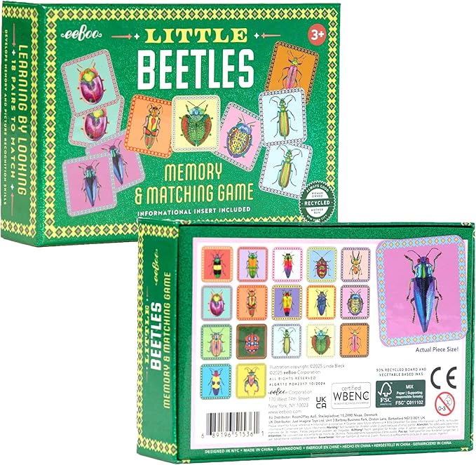 eeBoo: Memory & Matching Game- Little Beetles- 18 Illustrated Matching Pairs, Concentration Tile Game, Informative Insert, Kids Ages 3+, 1-4 Players